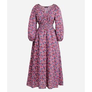 J. Crew L Midi Dress Berry Floral Empire Waist Peasant Milkmaid Cotton Pockets